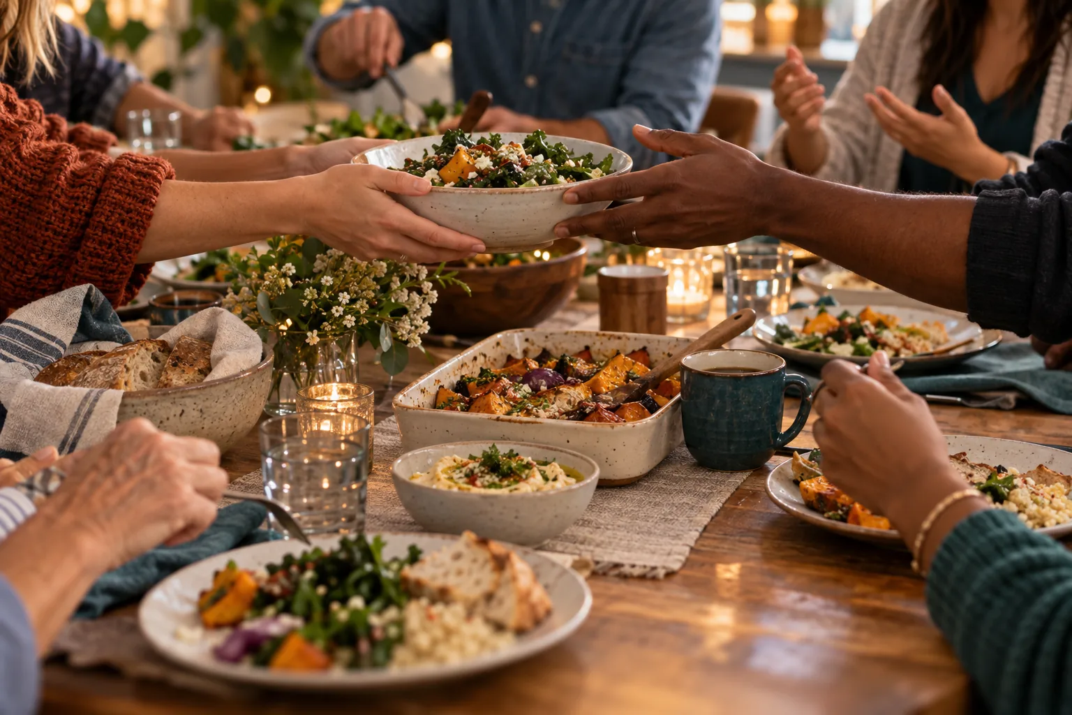Illustration of people sharing a meal and conversation around a table